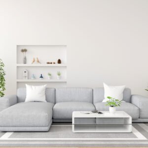 Gray sofa in white living room with copy space, 3D rendering Milano Sofa