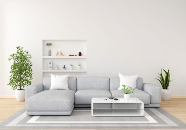 Gray sofa in white living room with copy space, 3D rendering Milano Sofa