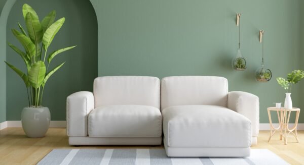 Sofa in green living room with copy space, 3D rendering Milano Sofa